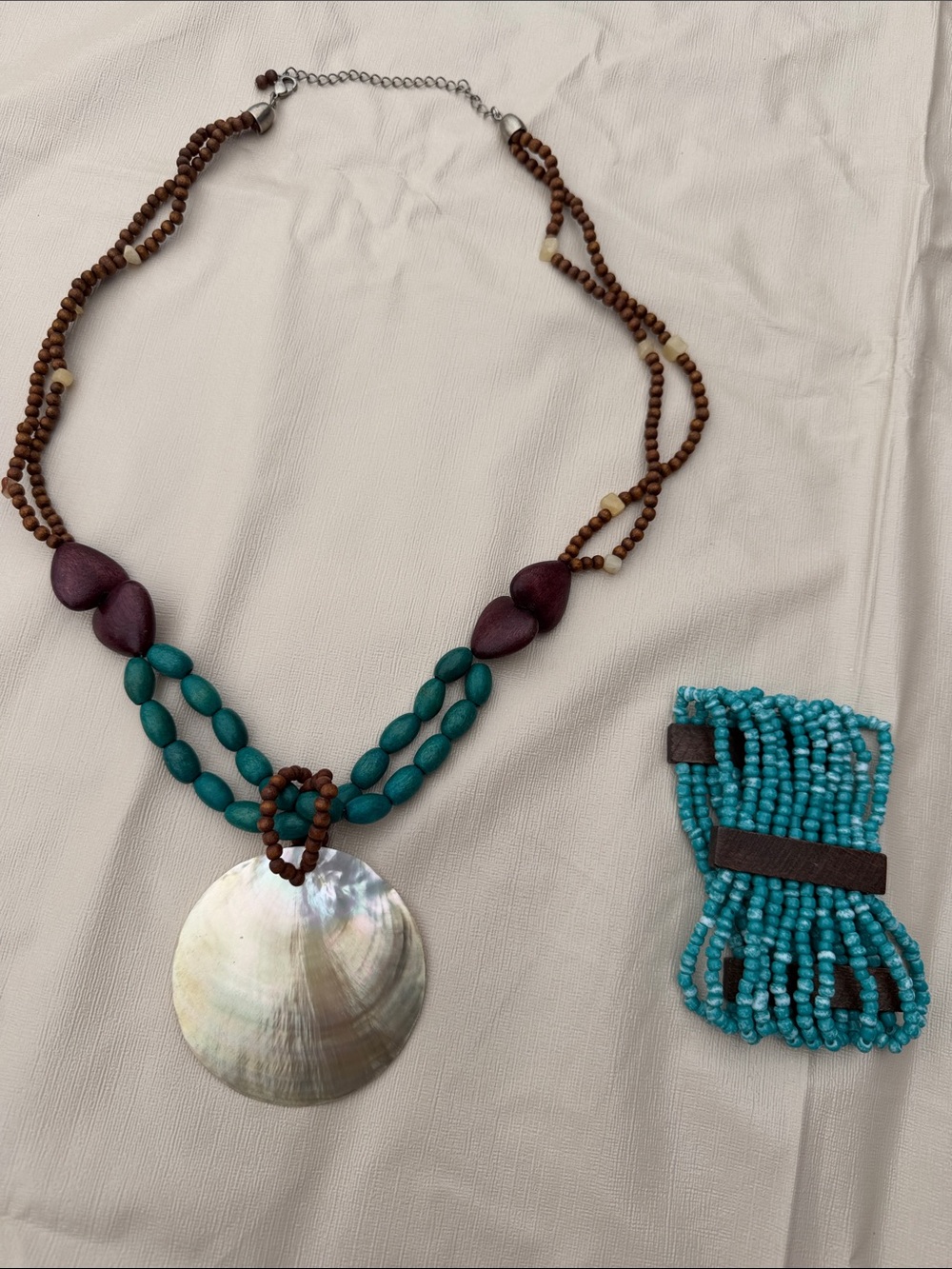 Shell Necklace & Bracelet Set-  Turquoise & Brown Bead